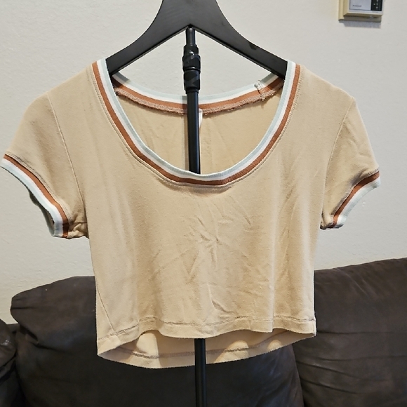 FP Movement by Free People Tops - FP Movement by Free People Tan Cropped Ringer Tee with White and Rust Trim